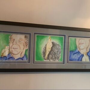 Framed Signed Triptych Artwork Featuring a Yellow Cockatiel and his Owner